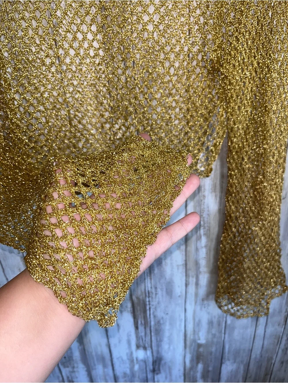 Zara Gold Metallic Crochet Fishnet Crop Sweater Bell Sleeve Cover Up M